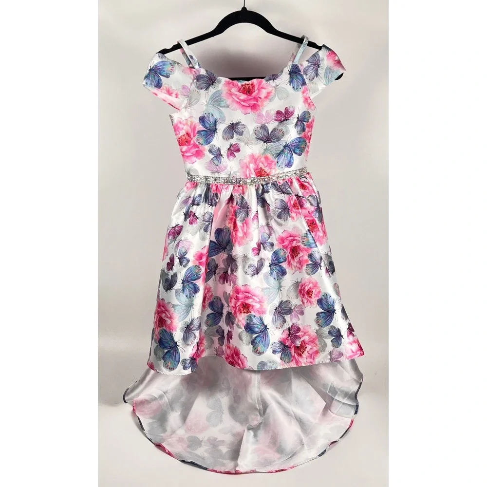 Rare Editions High-Low Dress Girls 10 White Pink Floral Butterfly Rhinestone